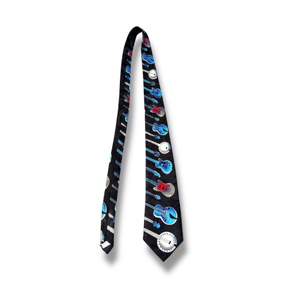 Fratello Guitar Print Tie Black Unisex Size Handmade Novelty Music